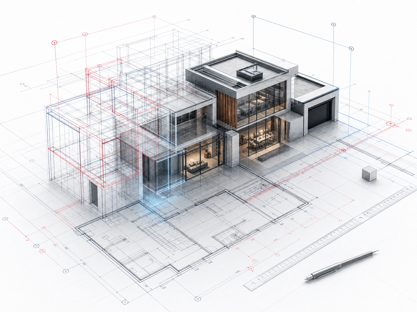 CAD drawings transforming into a 3D architectural model